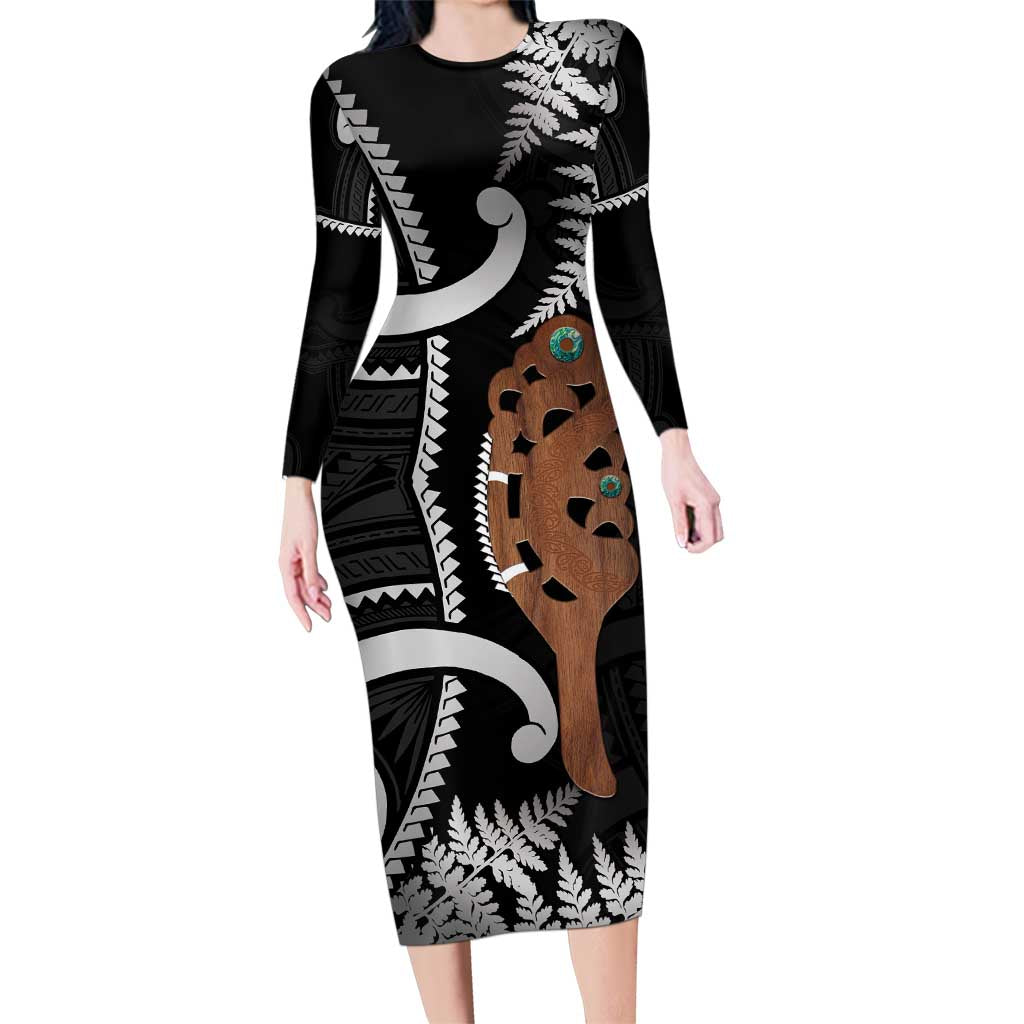 New Zealand Maripi Family Matching Long Sleeve Bodycon Dress and Hawaiian Shirt Silver Fern Mix Aotearoa Maori Pattern