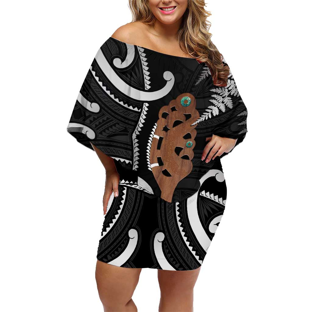 New Zealand Maripi Family Matching Off Shoulder Short Dress and Hawaiian Shirt Silver Fern Mix Aotearoa Maori Pattern