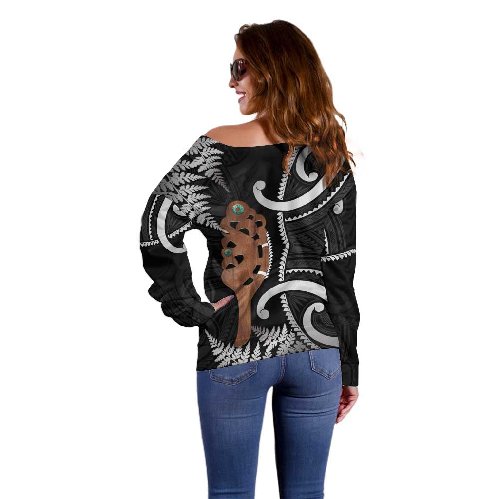 New Zealand Maripi Off Shoulder Sweater Silver Fern Mix Aotearoa Maori Pattern