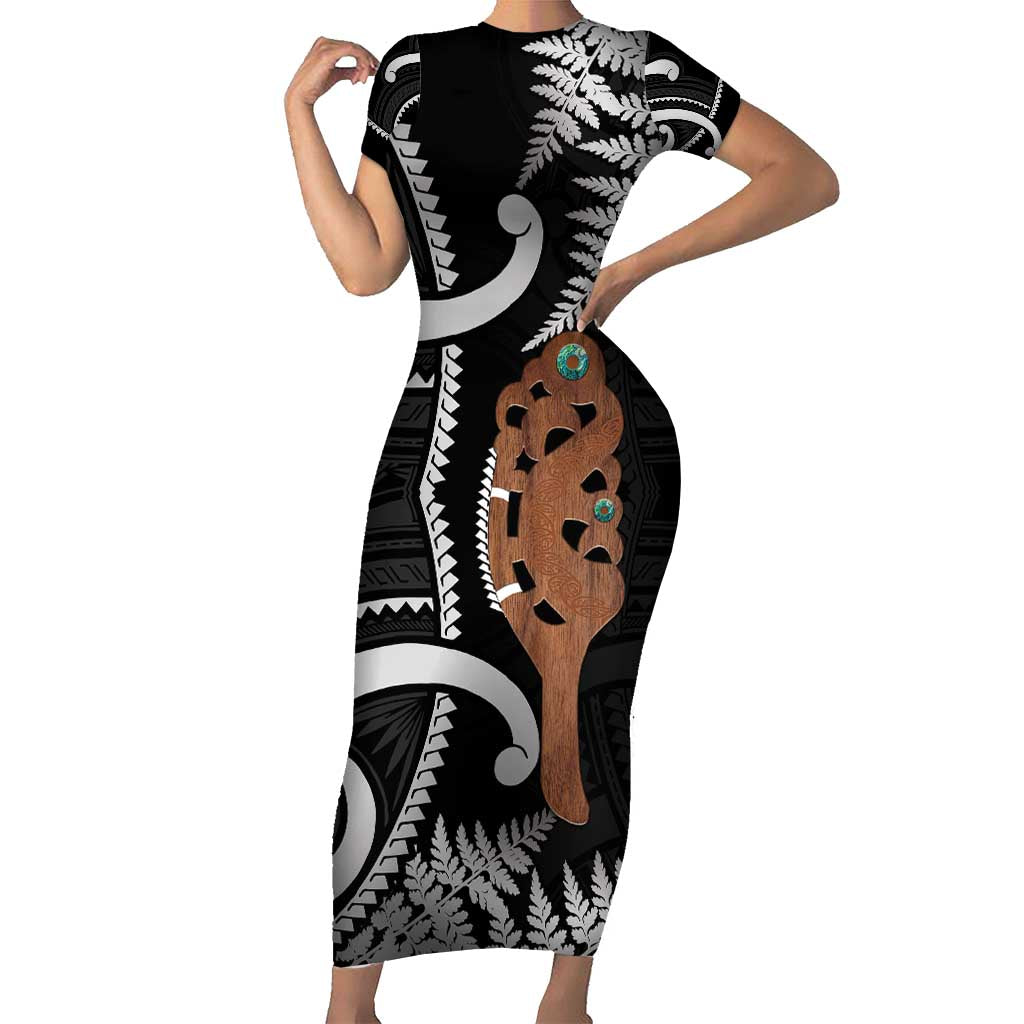 New Zealand Maripi Short Sleeve Bodycon Dress Silver Fern Mix Aotearoa Maori Pattern LT14 Long Dress Black - Polynesian Pride