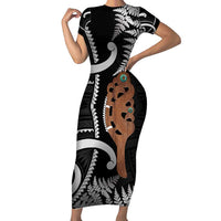 New Zealand Maripi Short Sleeve Bodycon Dress Silver Fern Mix Aotearoa Maori Pattern LT14 Long Dress Black - Polynesian Pride
