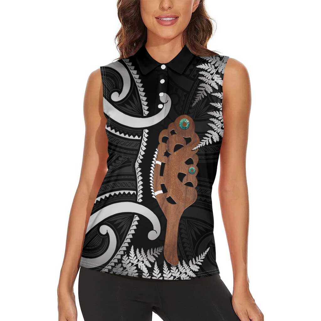 New Zealand Maripi Women Sleeveless Polo Shirt Silver Fern Mix Aotearoa Maori Pattern