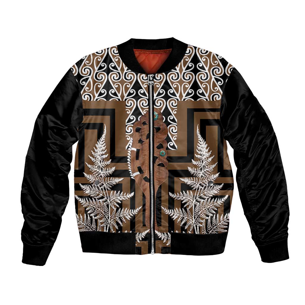 New Zealand Bomber Jacket Maori Maripi Knife With Poutama Art LT14 Unisex Brown - Polynesian Pride