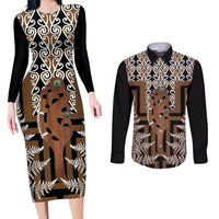 New Zealand Couples Matching Long Sleeve Bodycon Dress and Long Sleeve Button Shirt Maori Maripi Knife With Poutama Art