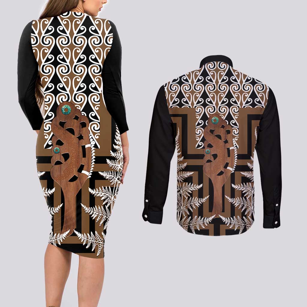 New Zealand Couples Matching Long Sleeve Bodycon Dress and Long Sleeve Button Shirt Maori Maripi Knife With Poutama Art