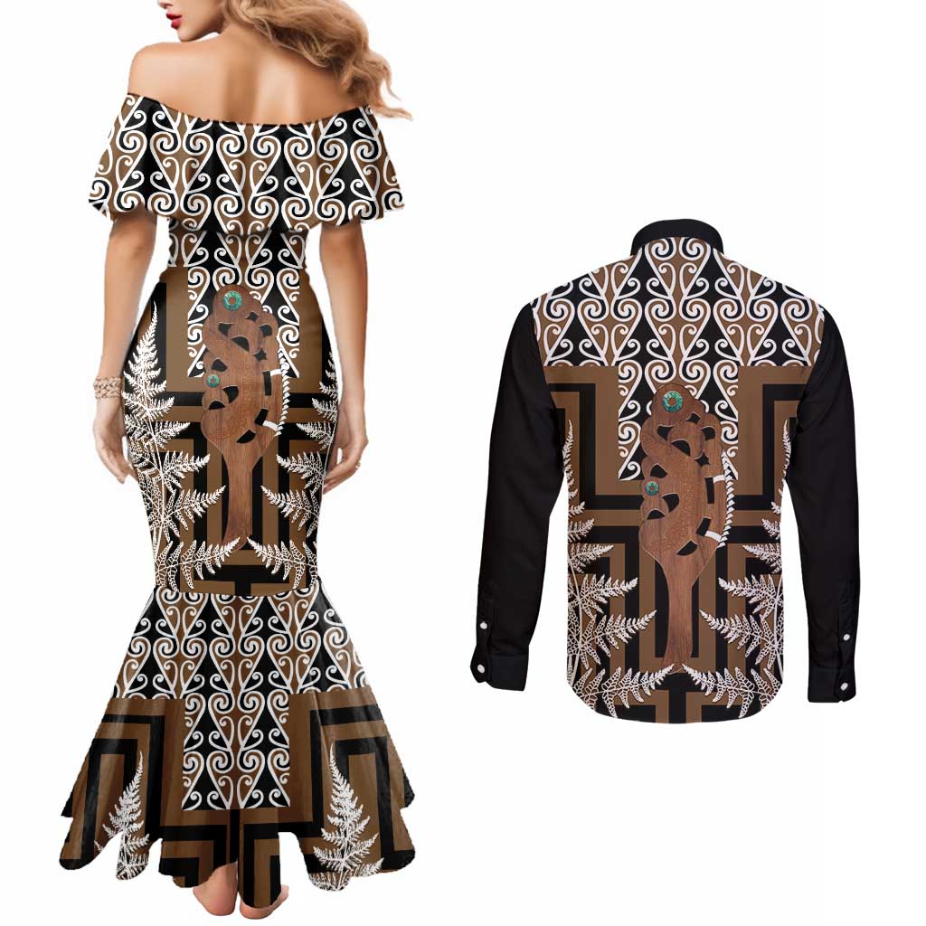 New Zealand Couples Matching Mermaid Dress and Long Sleeve Button Shirt Maori Maripi Knife With Poutama Art