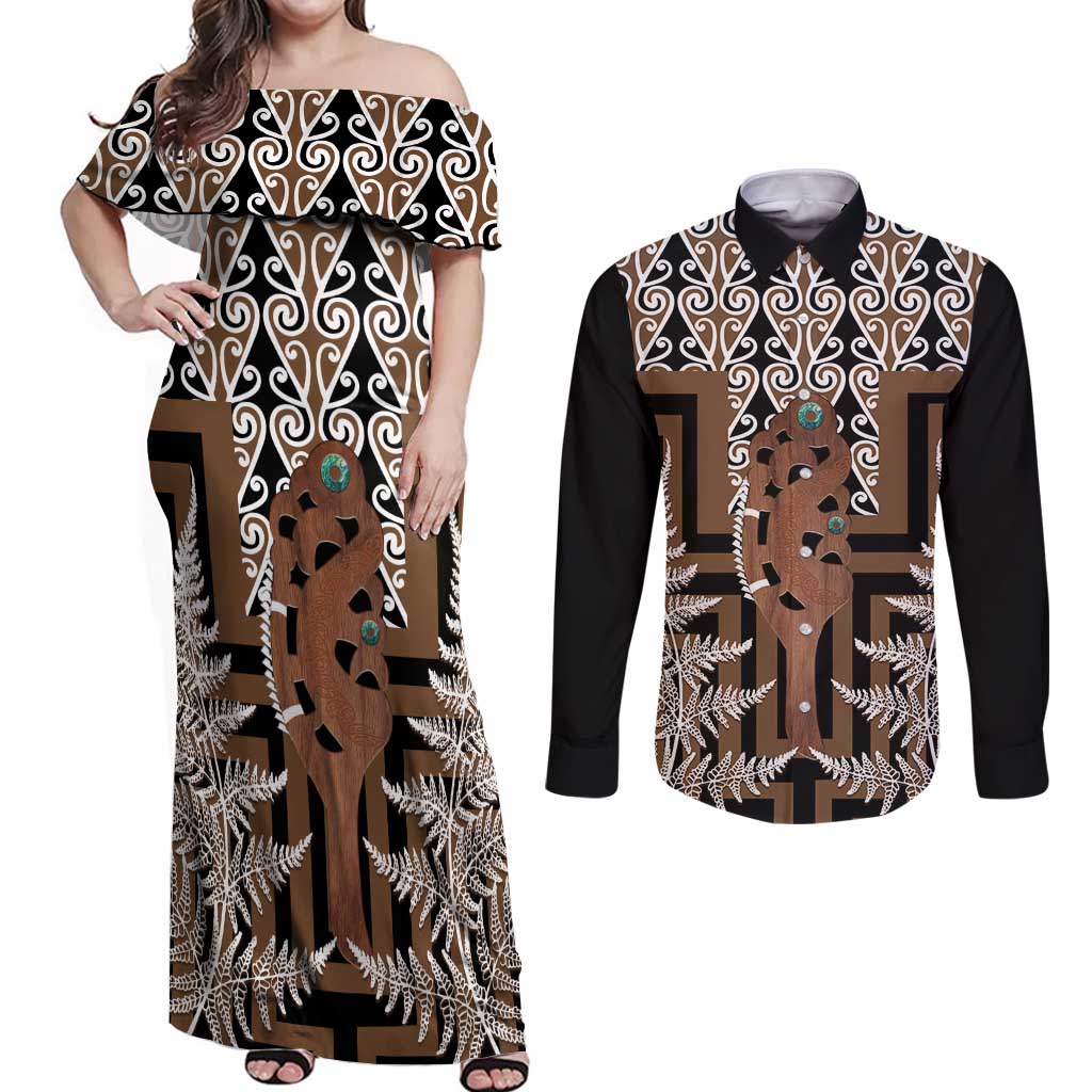 New Zealand Couples Matching Off Shoulder Maxi Dress and Long Sleeve Button Shirt Maori Maripi Knife With Poutama Art