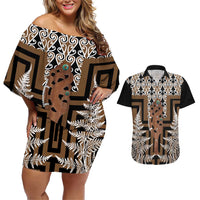 New Zealand Couples Matching Off Shoulder Short Dress and Hawaiian Shirt Maori Maripi Knife With Poutama Art