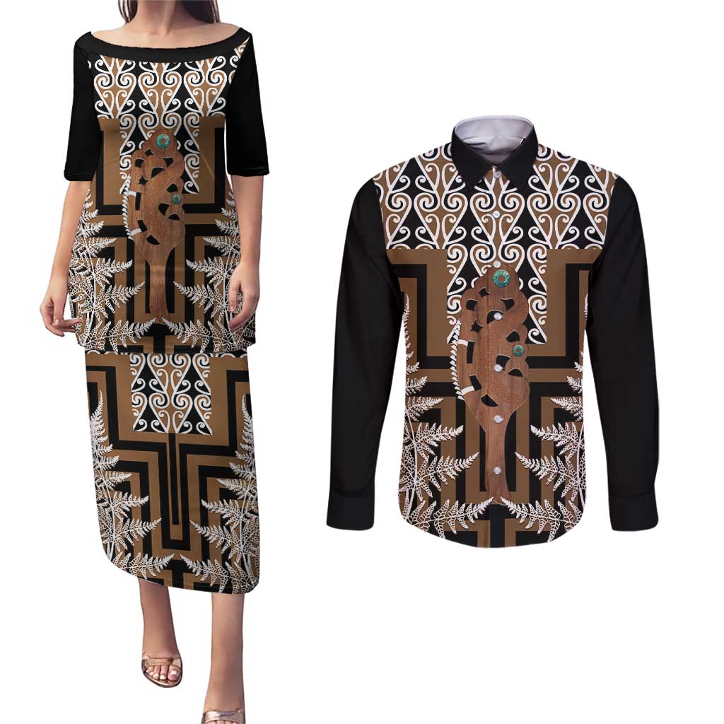 New Zealand Couples Matching Puletasi and Long Sleeve Button Shirt Maori Maripi Knife With Poutama Art