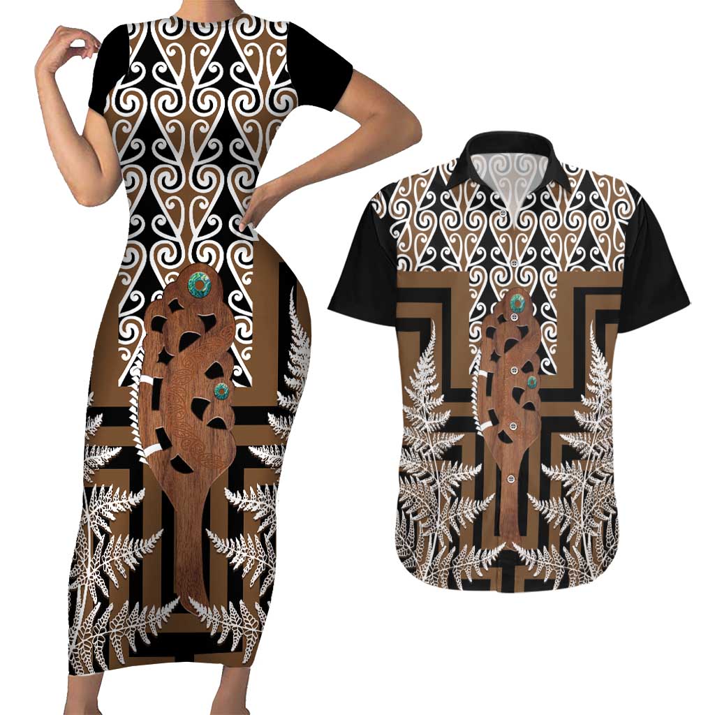 New Zealand Couples Matching Short Sleeve Bodycon Dress and Hawaiian Shirt Maori Maripi Knife With Poutama Art