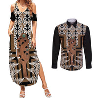 New Zealand Couples Matching Summer Maxi Dress and Long Sleeve Button Shirt Maori Maripi Knife With Poutama Art