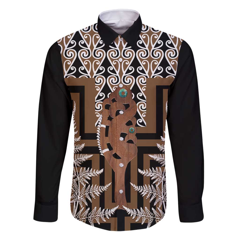 New Zealand Family Matching Long Sleeve Bodycon Dress and Hawaiian Shirt Maori Maripi Knife With Poutama Art LT14 Dad's Shirt - Long Sleeve Brown - Polynesian Pride