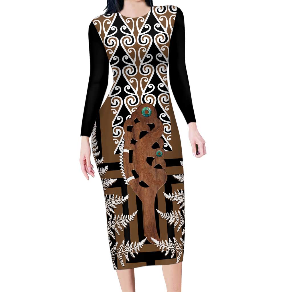 New Zealand Family Matching Long Sleeve Bodycon Dress and Hawaiian Shirt Maori Maripi Knife With Poutama Art LT14 Mom's Dress Brown - Polynesian Pride