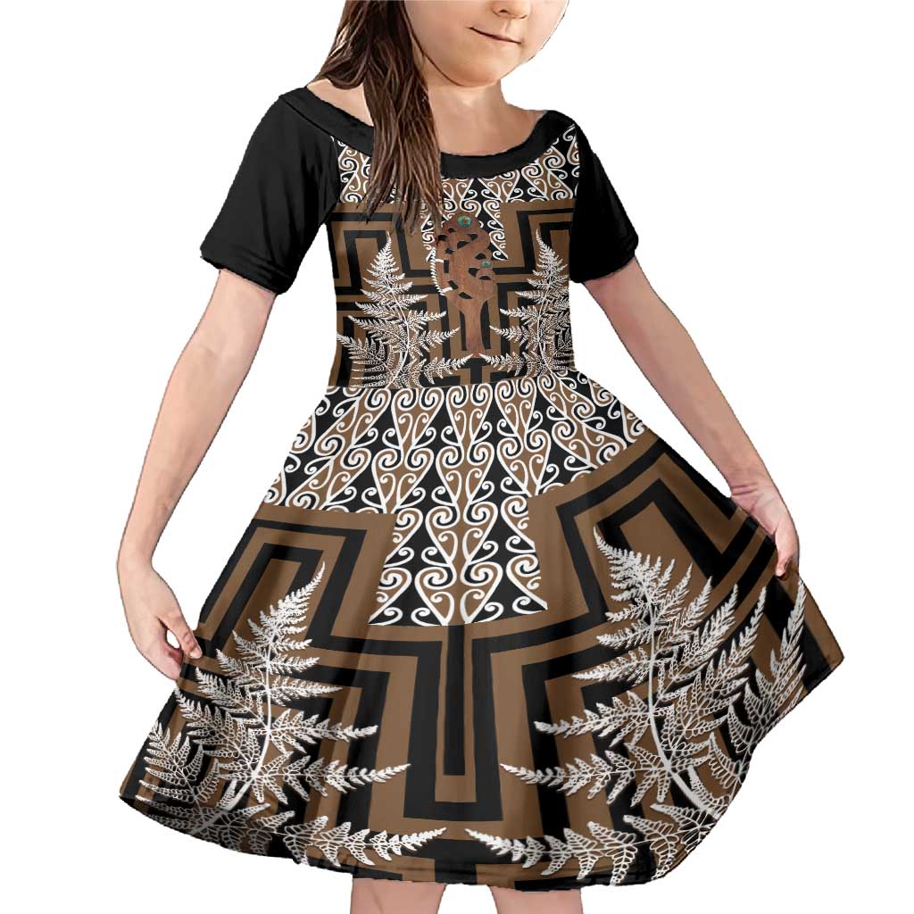 New Zealand Family Matching Mermaid Dress and Hawaiian Shirt Maori Maripi Knife With Poutama Art LT14 Daughter's Dress Brown - Polynesian Pride