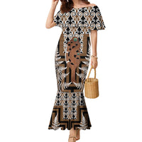 New Zealand Family Matching Mermaid Dress and Hawaiian Shirt Maori Maripi Knife With Poutama Art LT14 Mom's Dress Brown - Polynesian Pride