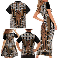 New Zealand Family Matching Short Sleeve Bodycon Dress and Hawaiian Shirt Maori Maripi Knife With Poutama Art LT14 - Polynesian Pride