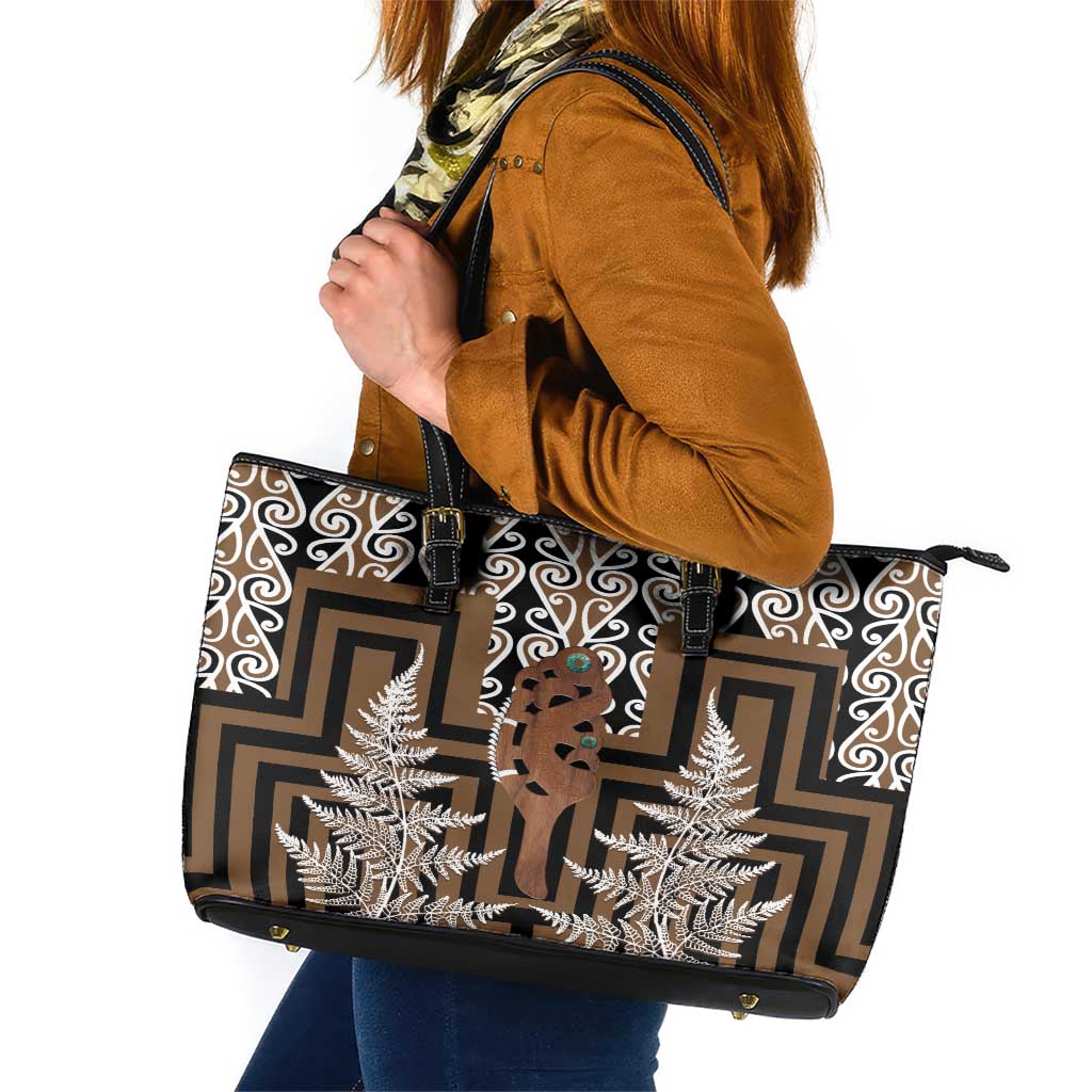 New Zealand Leather Tote Bag Maori Maripi Knife With Poutama Art