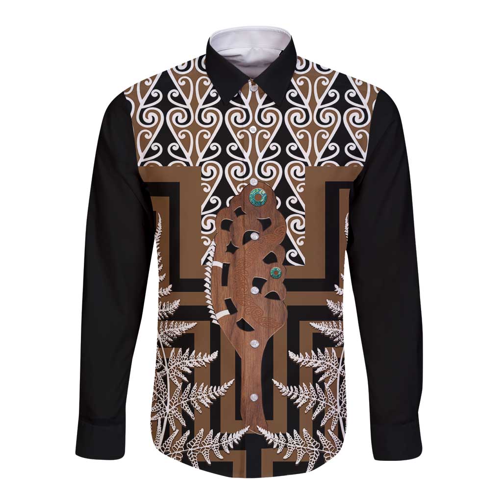New Zealand Long Sleeve Button Shirt Maori Maripi Knife With Poutama Art