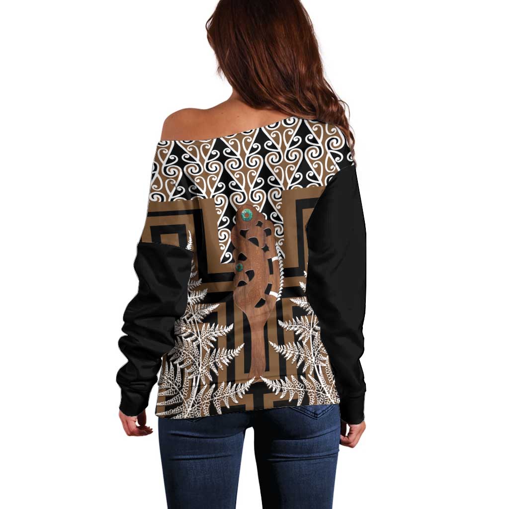 New Zealand Off Shoulder Sweater Maori Maripi Knife With Poutama Art