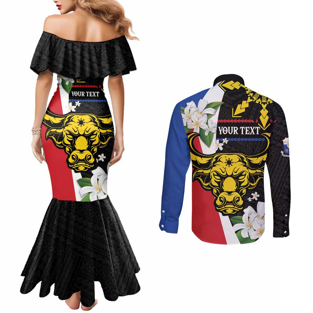 Personalised Philippines Carabao Couples Matching Mermaid Dress and Long Sleeve Button Shirt Filipino Sun Mix Sampaguita Flower