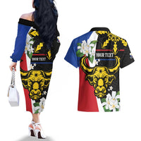 Personalised Philippines Carabao Couples Matching Off The Shoulder Long Sleeve Dress and Hawaiian Shirt Filipino Sun Mix Sampaguita Flower