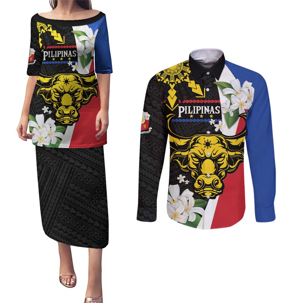 Personalised Philippines Carabao Couples Matching Puletasi and Long Sleeve Button Shirt Filipino Sun Mix Sampaguita Flower