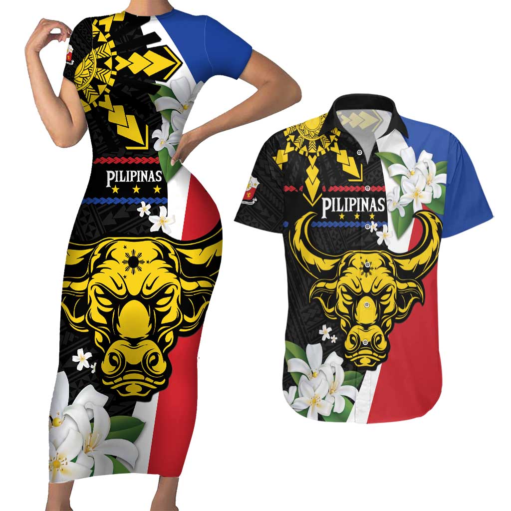 Personalised Philippines Carabao Couples Matching Short Sleeve Bodycon Dress and Hawaiian Shirt Filipino Sun Mix Sampaguita Flower