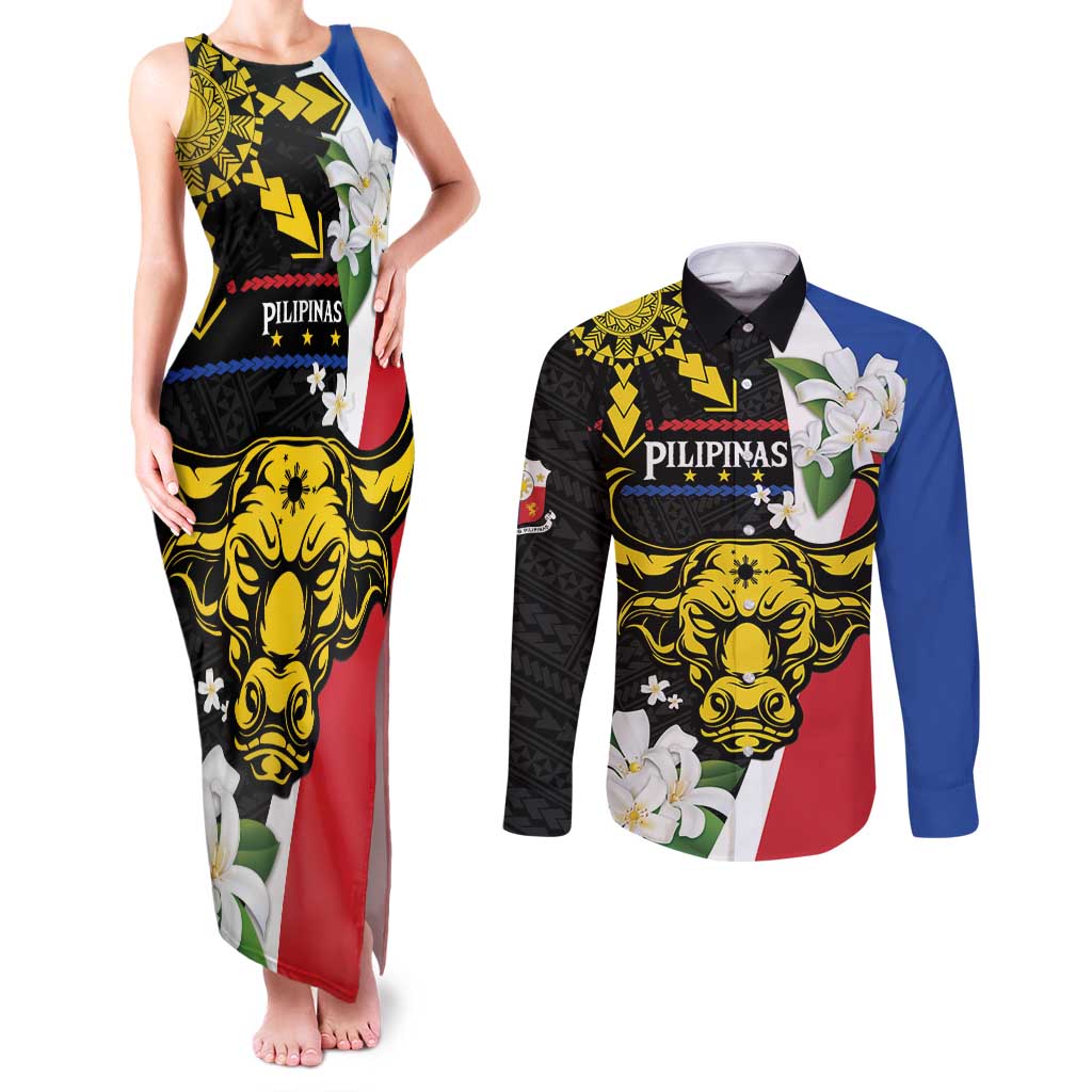Personalised Philippines Carabao Couples Matching Tank Maxi Dress and Long Sleeve Button Shirt Filipino Sun Mix Sampaguita Flower