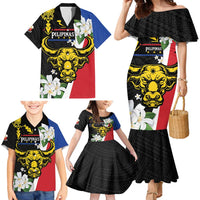 Personalised Philippines Carabao Family Matching Mermaid Dress and Hawaiian Shirt Filipino Sun Mix Sampaguita Flower