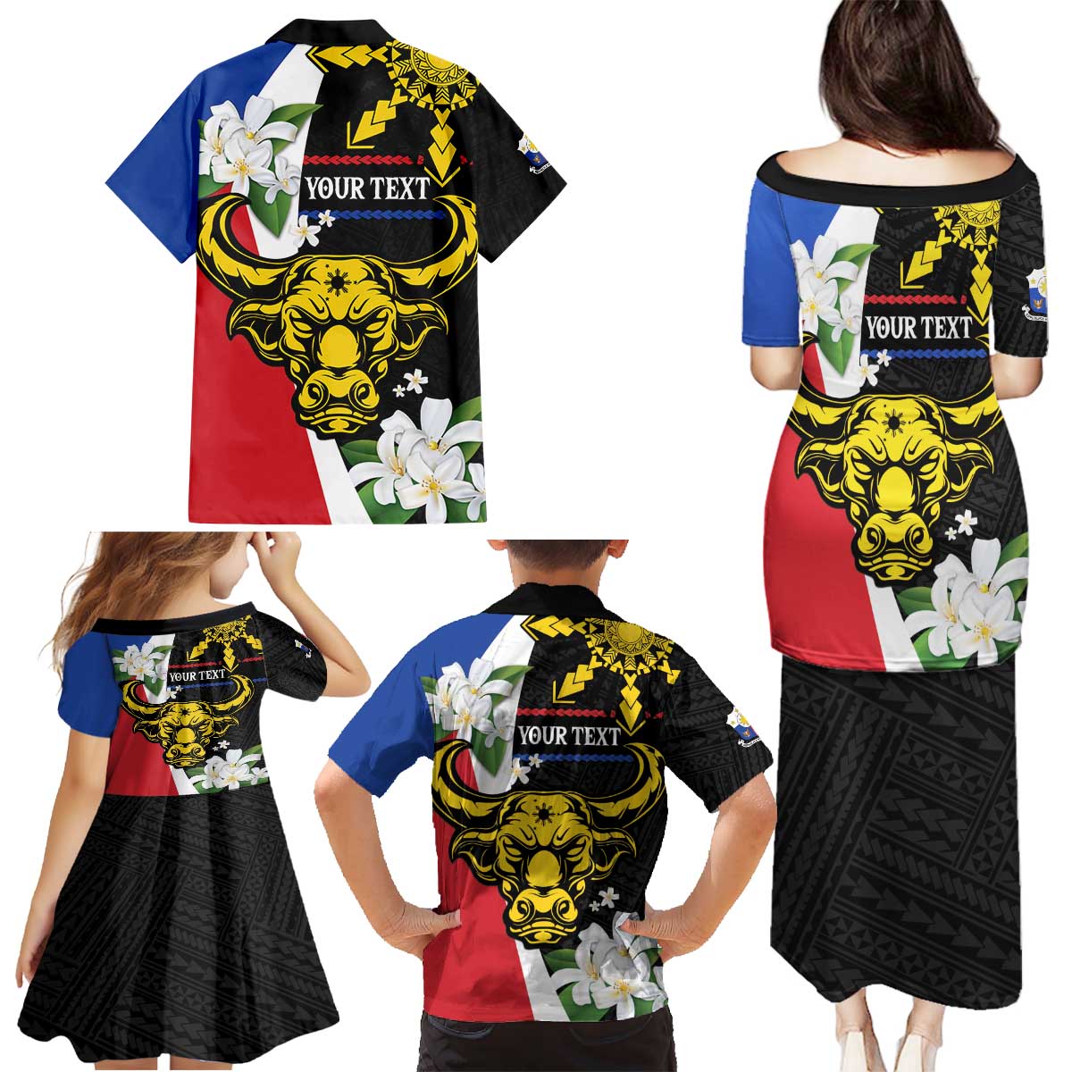Personalised Philippines Carabao Family Matching Puletasi and Hawaiian Shirt Filipino Sun Mix Sampaguita Flower