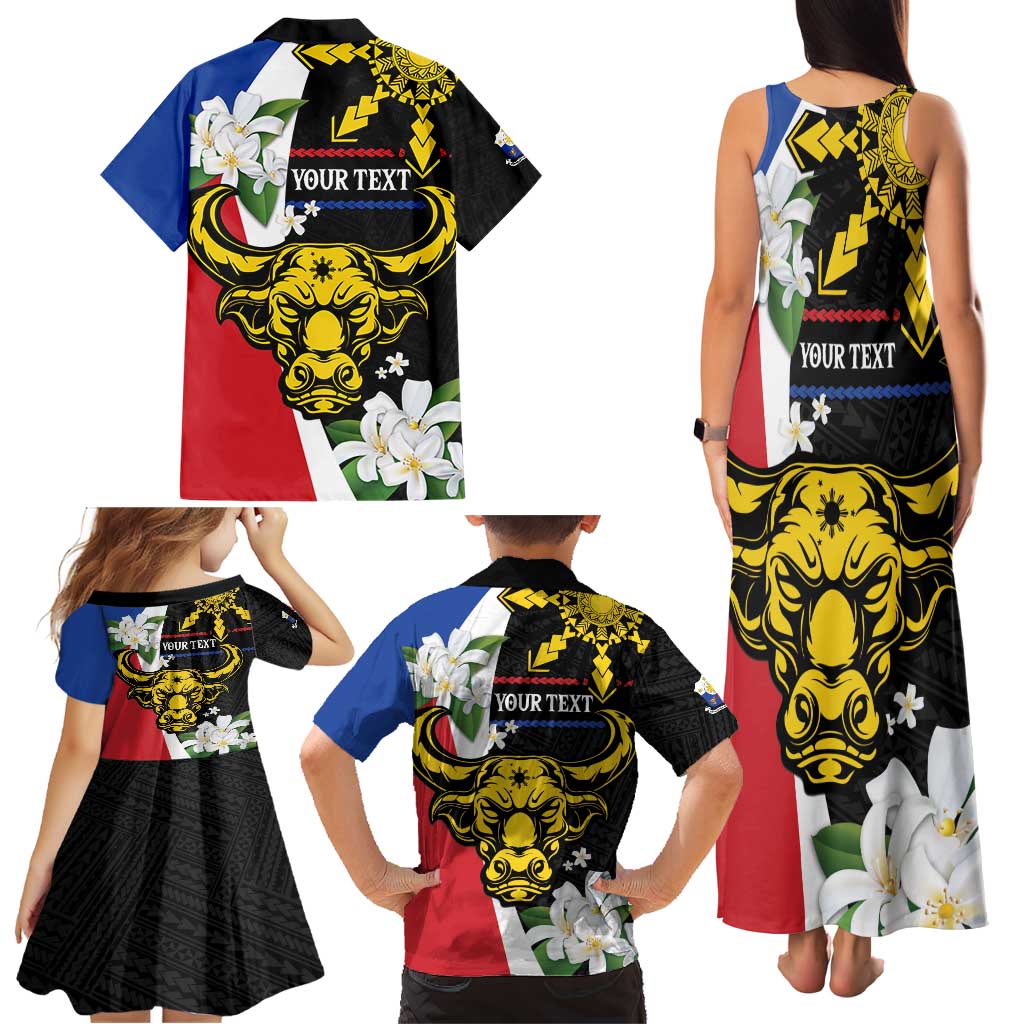 Personalised Philippines Carabao Family Matching Tank Maxi Dress and Hawaiian Shirt Filipino Sun Mix Sampaguita Flower