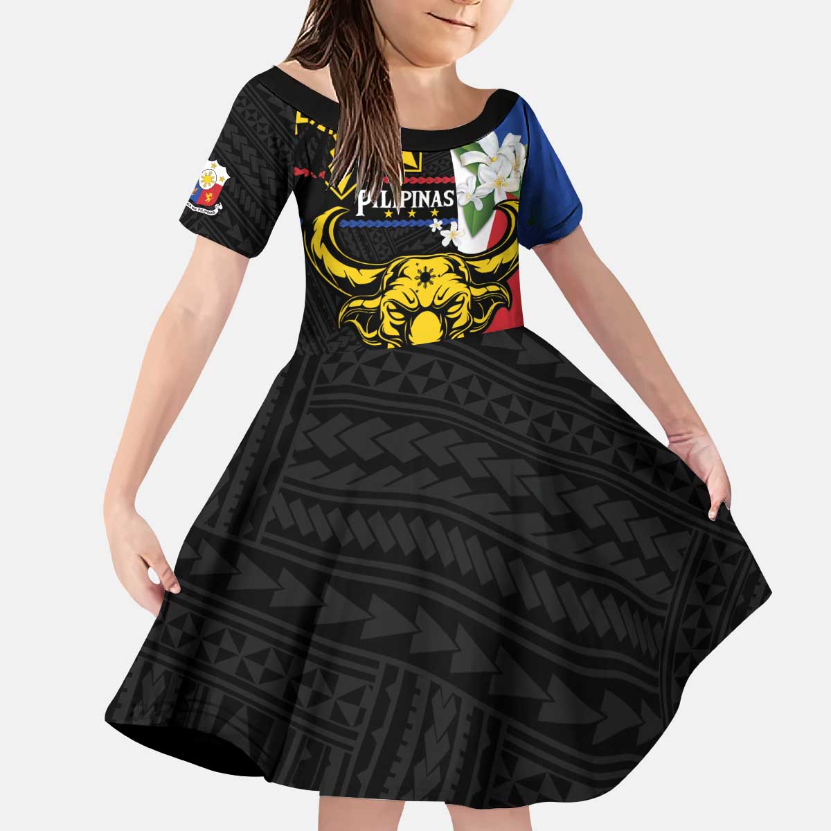 Personalised Philippines Carabao Kid Short Sleeve Dress Filipino Sun Mix Sampaguita Flower