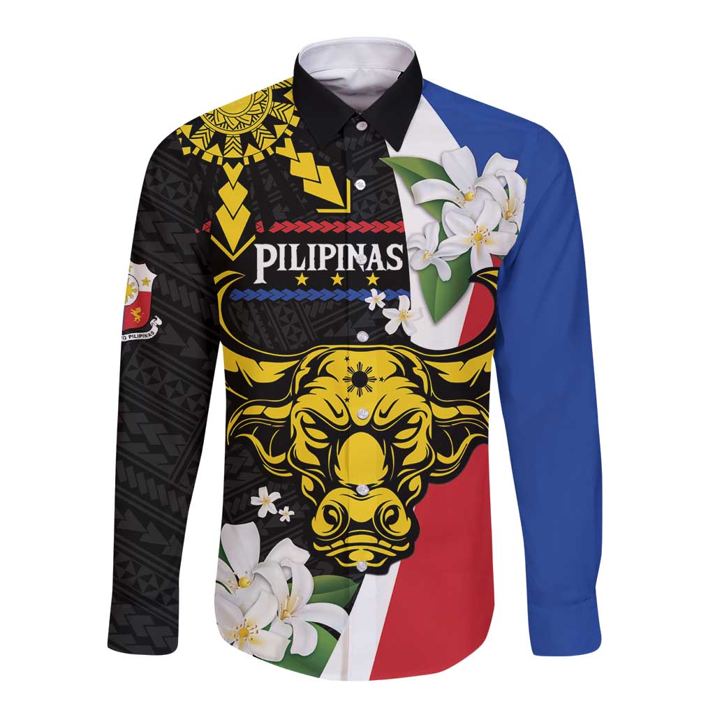 Personalised Philippines Carabao Long Sleeve Button Shirt Filipino Sun Mix Sampaguita Flower