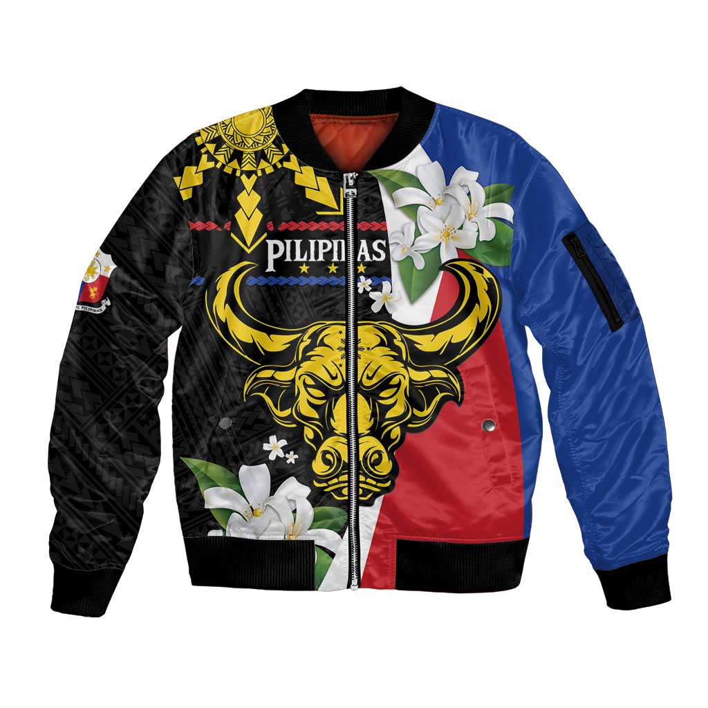 Personalised Philippines Carabao Sleeve Zip Bomber Jacket Filipino Sun Mix Sampaguita Flower