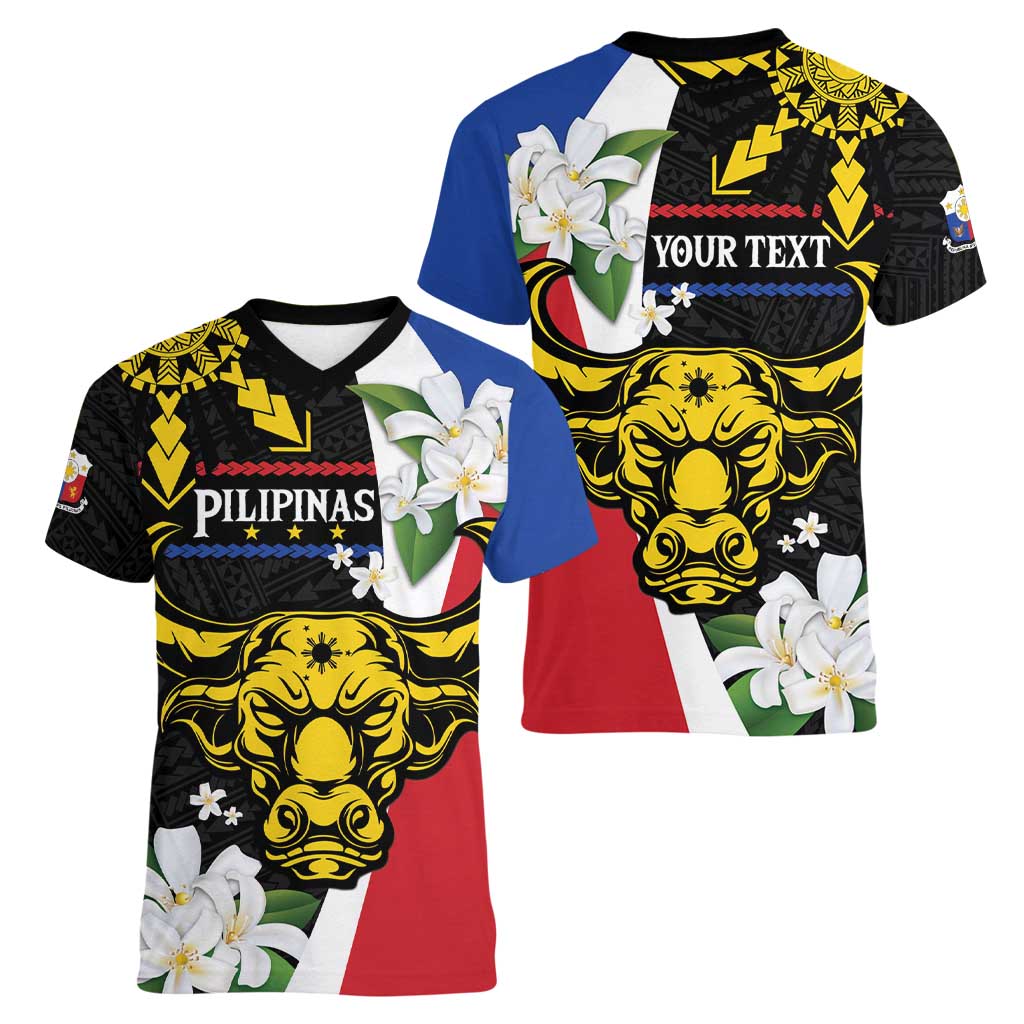 Personalised Philippines Carabao Women V-Neck T-Shirt Filipino Sun Mix Sampaguita Flower