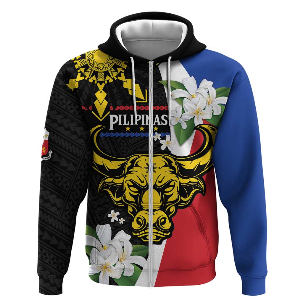 Personalised Philippines Carabao Zip Hoodie Filipino Sun Mix Sampaguita Flower