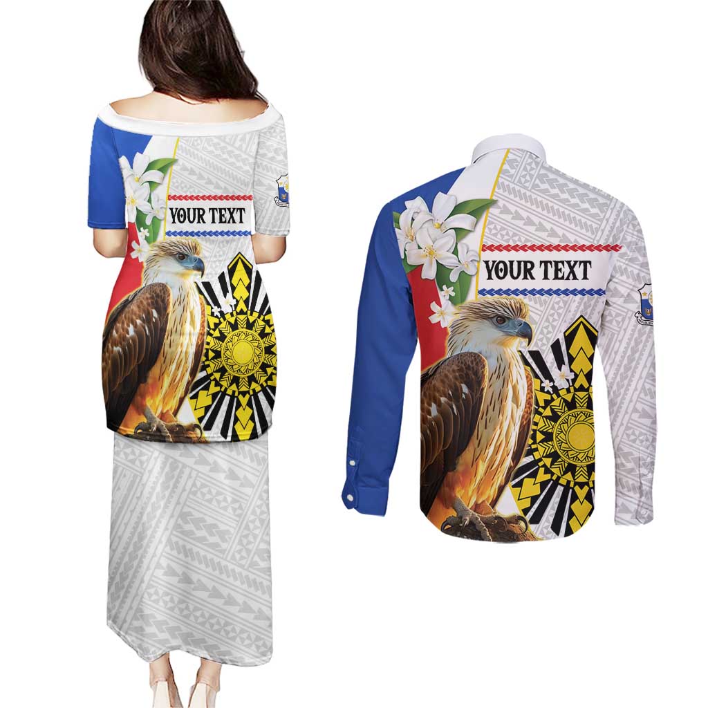 Personalised Philippines Eagle Couples Matching Puletasi and Long Sleeve Button Shirt Filipino Sun Mix Sampaguita Flower