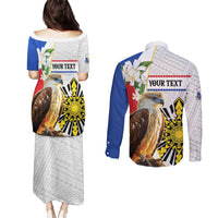 Personalised Philippines Eagle Couples Matching Puletasi and Long Sleeve Button Shirt Filipino Sun Mix Sampaguita Flower