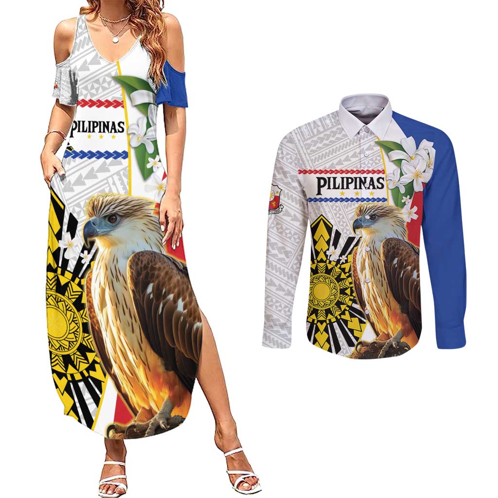 Personalised Philippines Eagle Couples Matching Summer Maxi Dress and Long Sleeve Button Shirt Filipino Sun Mix Sampaguita Flower