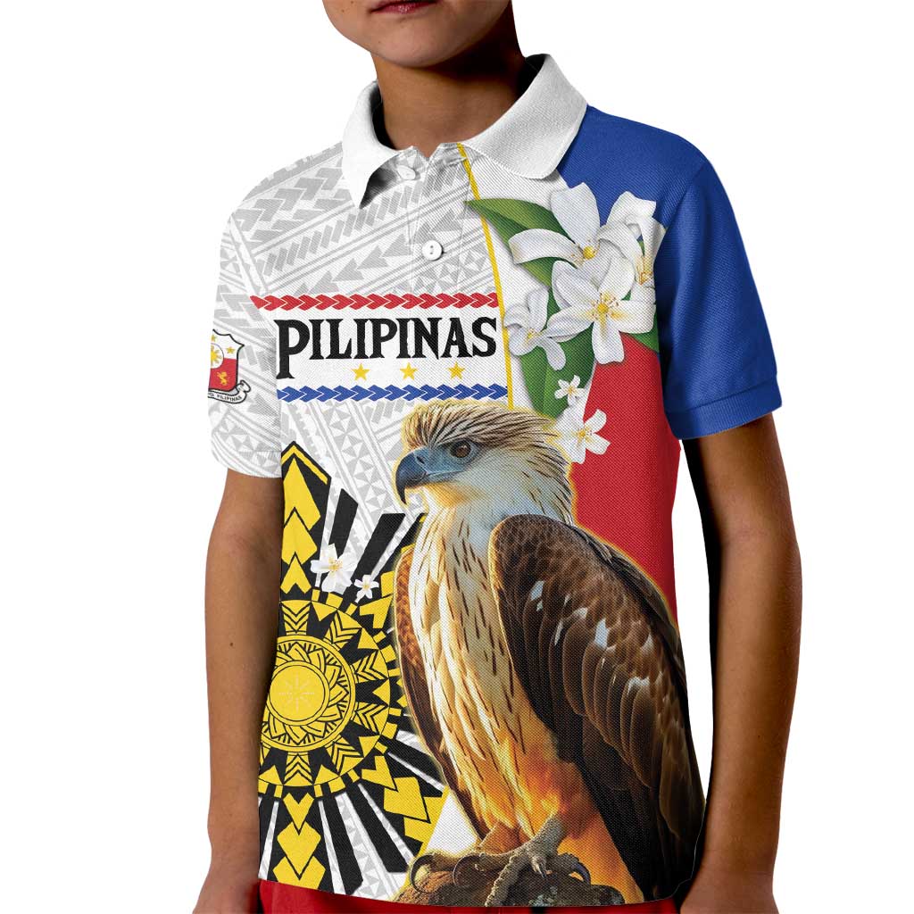 Personalised Philippines Eagle Kid Polo Shirt Filipino Sun Mix Sampaguita Flower
