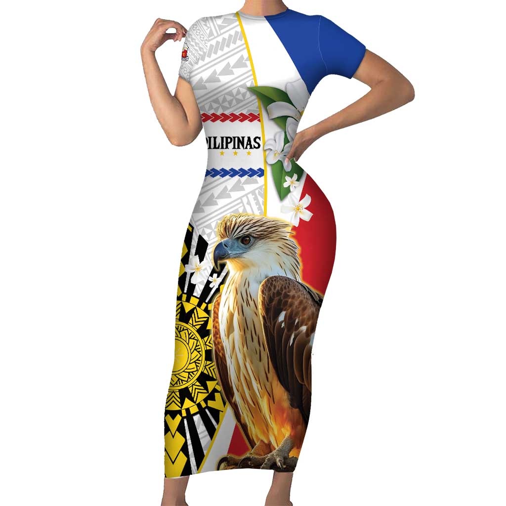Personalised Philippines Eagle Short Sleeve Bodycon Dress Filipino Sun Mix Sampaguita Flower