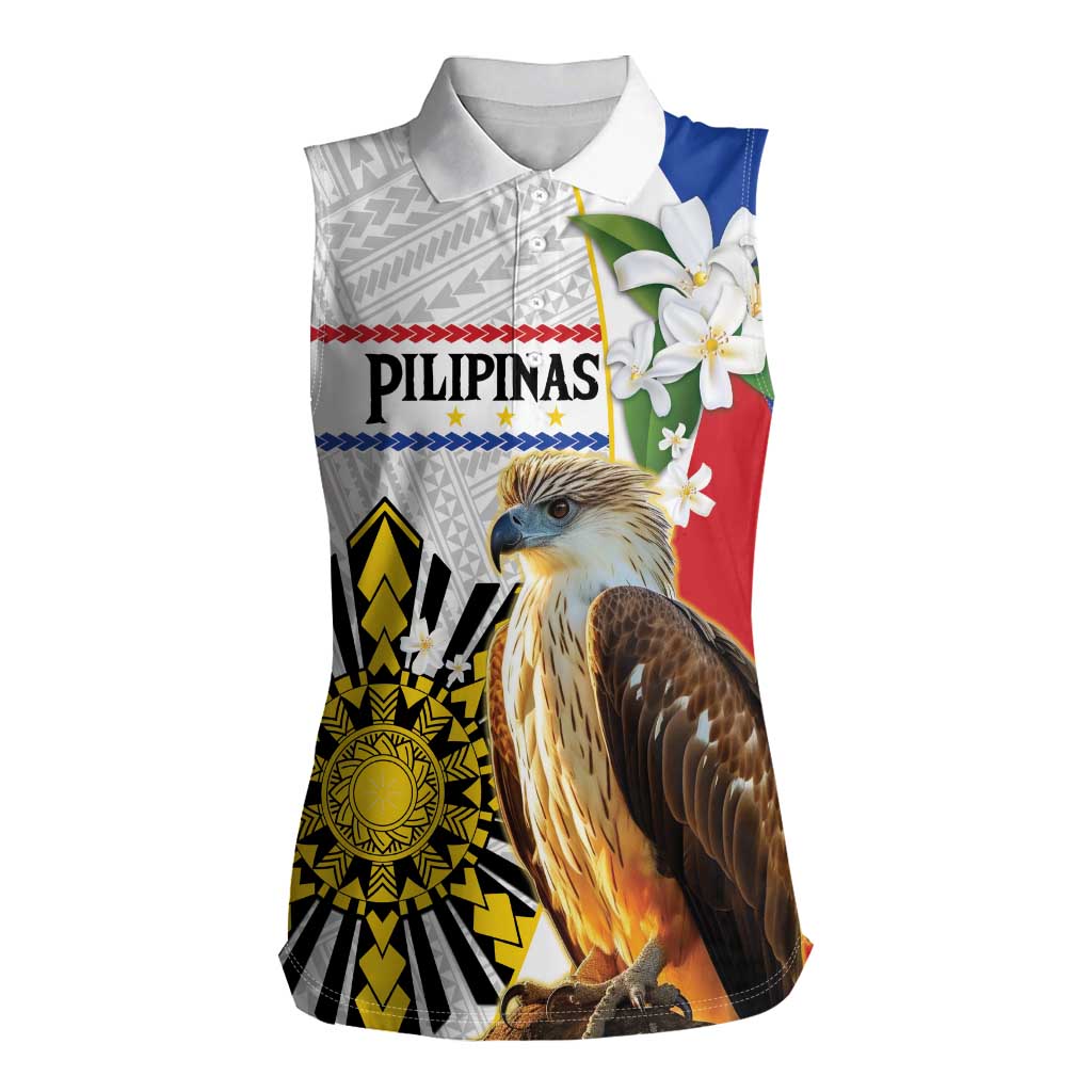 Personalised Philippines Eagle Women Sleeveless Polo Shirt Filipino Sun Mix Sampaguita Flower