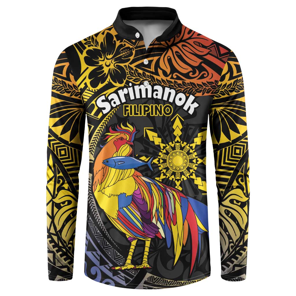 Philippines Sarimanok Button Sweatshirt Papanok Legendary Bird Okir Polynesian Pattern