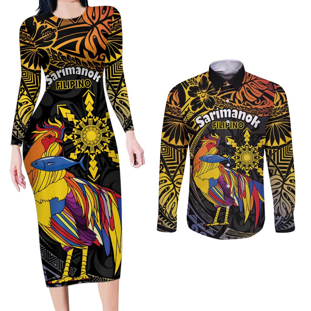 Philippines Sarimanok Couples Matching Long Sleeve Bodycon Dress and Long Sleeve Button Shirt Papanok Legendary Bird Okir Polynesian Pattern