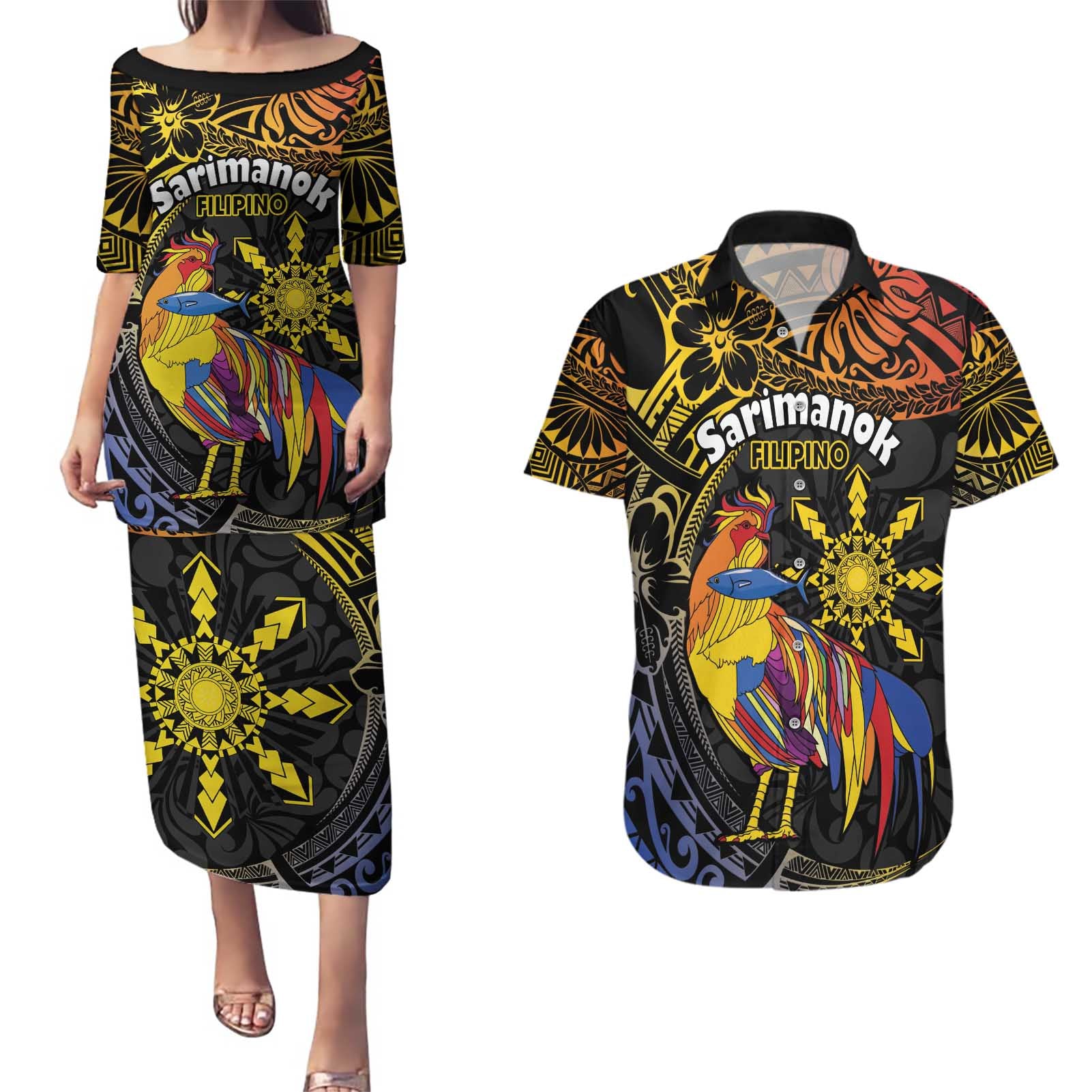 Philippines Sarimanok Couples Matching Puletasi and Hawaiian Shirt Papanok Legendary Bird Okir Polynesian Pattern