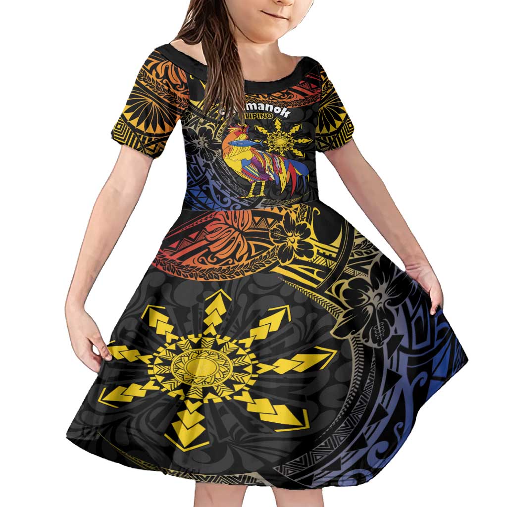 Philippines Sarimanok Family Matching Summer Maxi Dress and Hawaiian Shirt Papanok Legendary Bird Okir Polynesian Pattern LT14 Daughter's Dress Black - Polynesian Pride