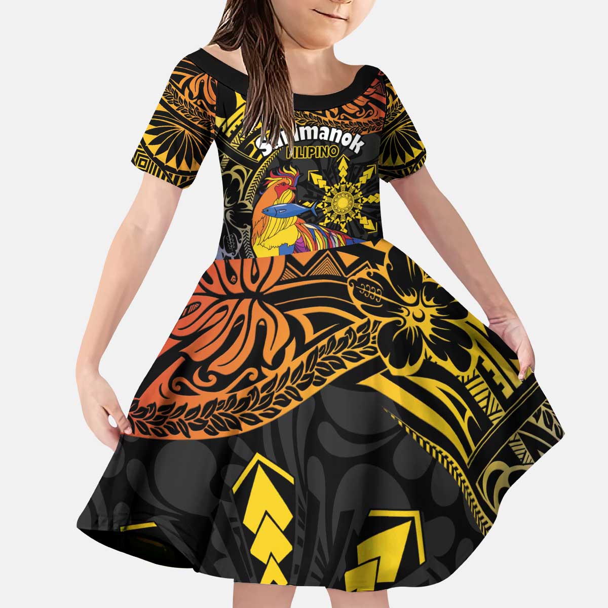 Philippines Sarimanok Kid Short Sleeve Dress Papanok Legendary Bird Okir Polynesian Pattern