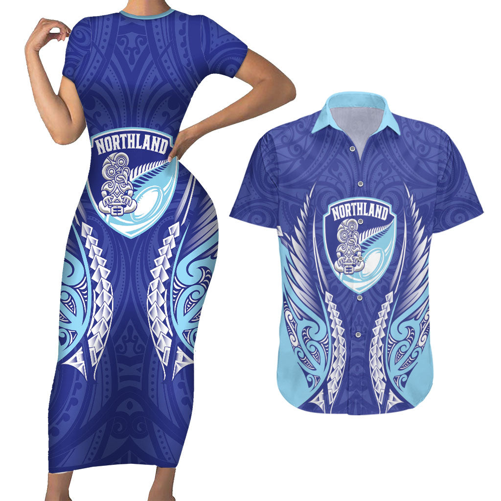 Northland 2026 Rugby Custom Couples Matching Short Sleeve Bodycon Dress and Hawaiian Shirt NZ Maori Silver Fern LT14 Blue - Polynesian Pride