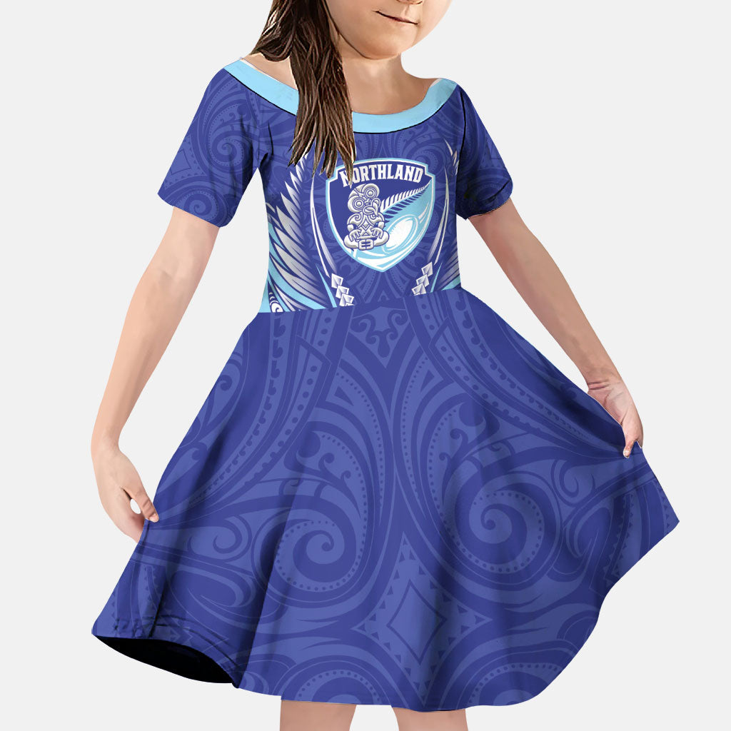 Northland 2026 Rugby Custom Family Matching Off Shoulder Maxi Dress and Hawaiian Shirt NZ Maori Silver Fern LT14 Daughter's Dress Blue - Polynesian Pride