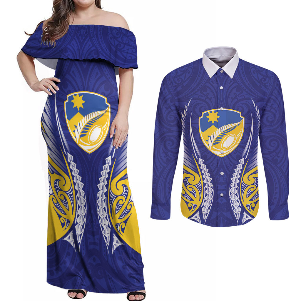 Otago 2026 Rugby Custom Couples Matching Off Shoulder Maxi Dress and Long Sleeve Button Shirt NZ Maori Silver Fern